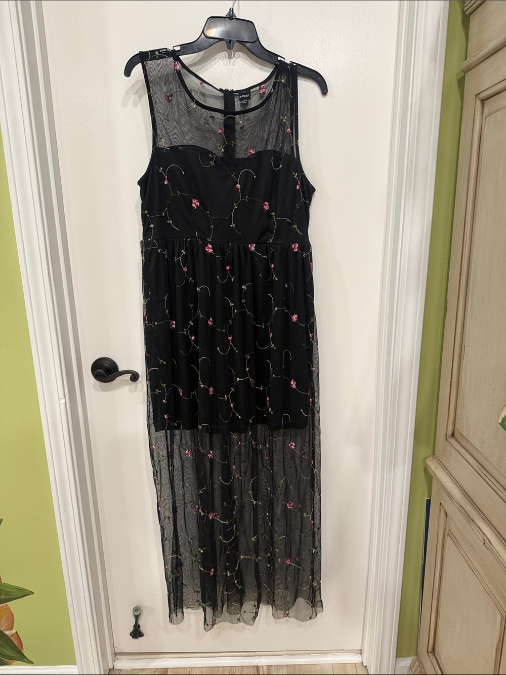 IJOAH Black Sheer Embroidered Maxi Dress with Pink Floral Accents